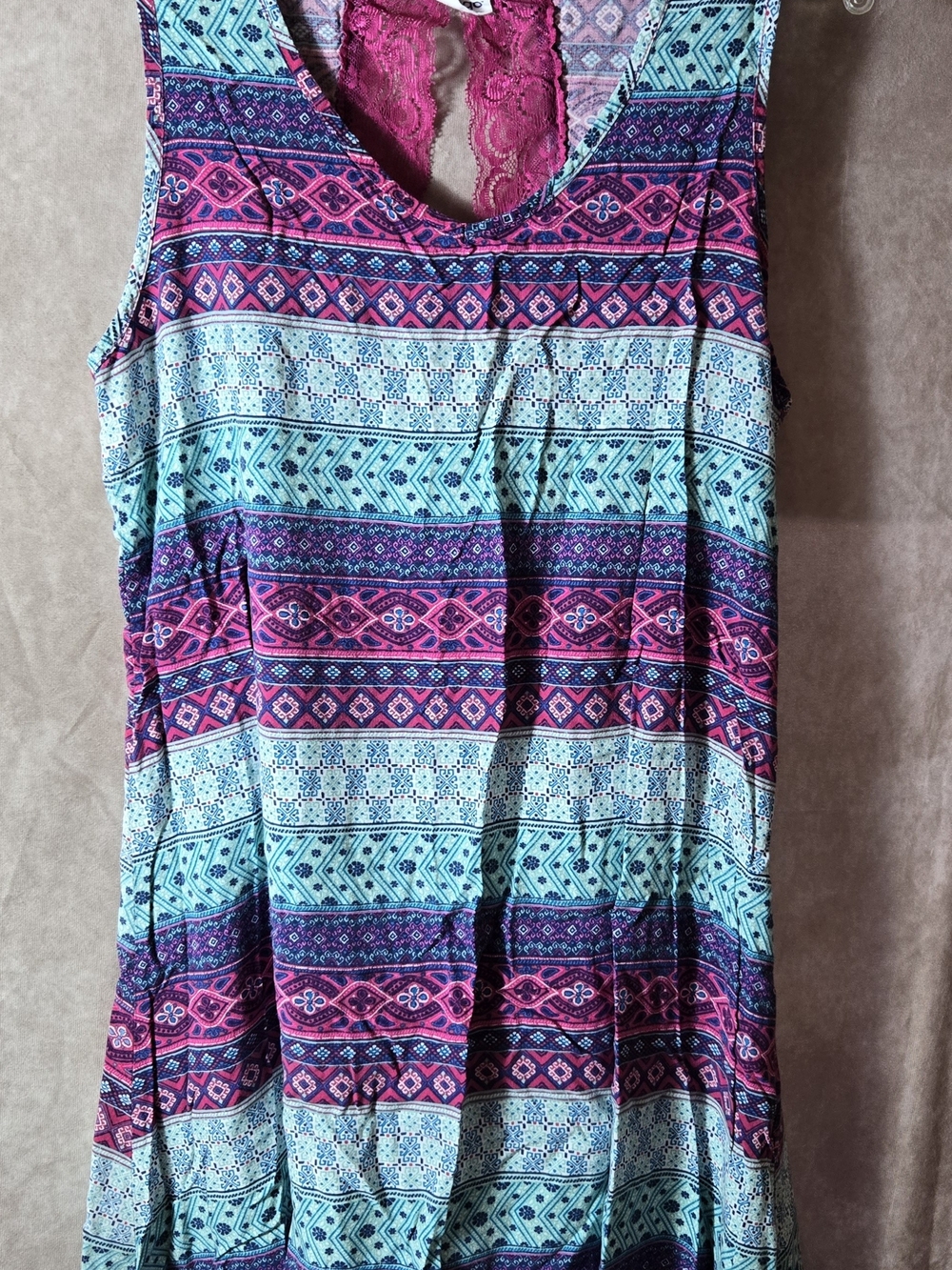 Indigo Pink & Aqua Patterned Sleeveless Nightgown with Lace Back